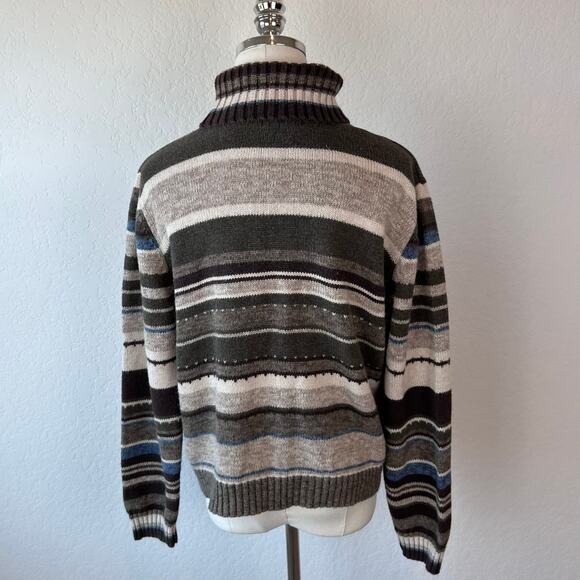 Vintage 90s Y2K Grunge Striped Turtleneck Sweater size Large Green Brown - Picture 3 of 9